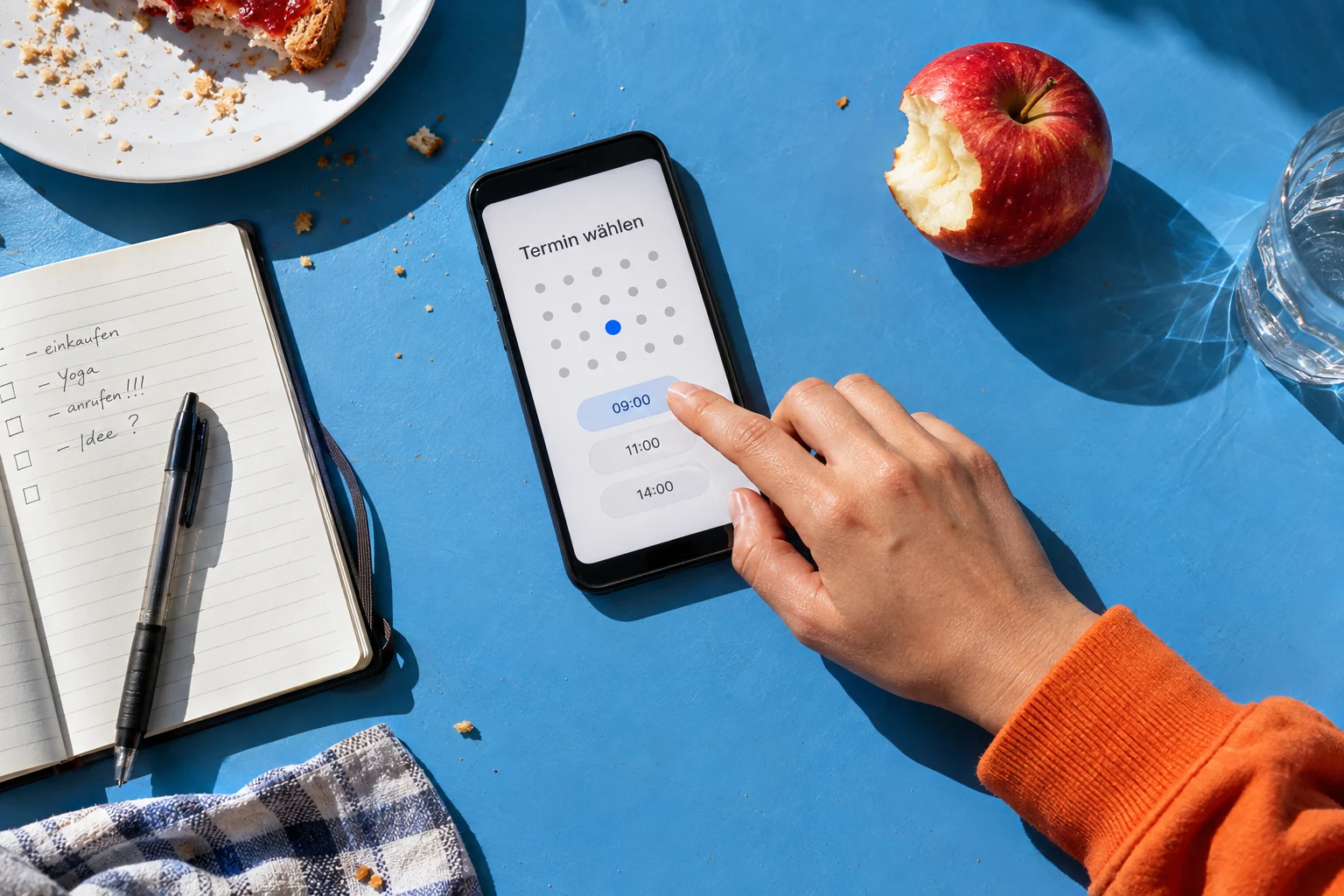 Eine Hand wählt einen Termin am Smartphone auf einem blauen Frühstückstisch.