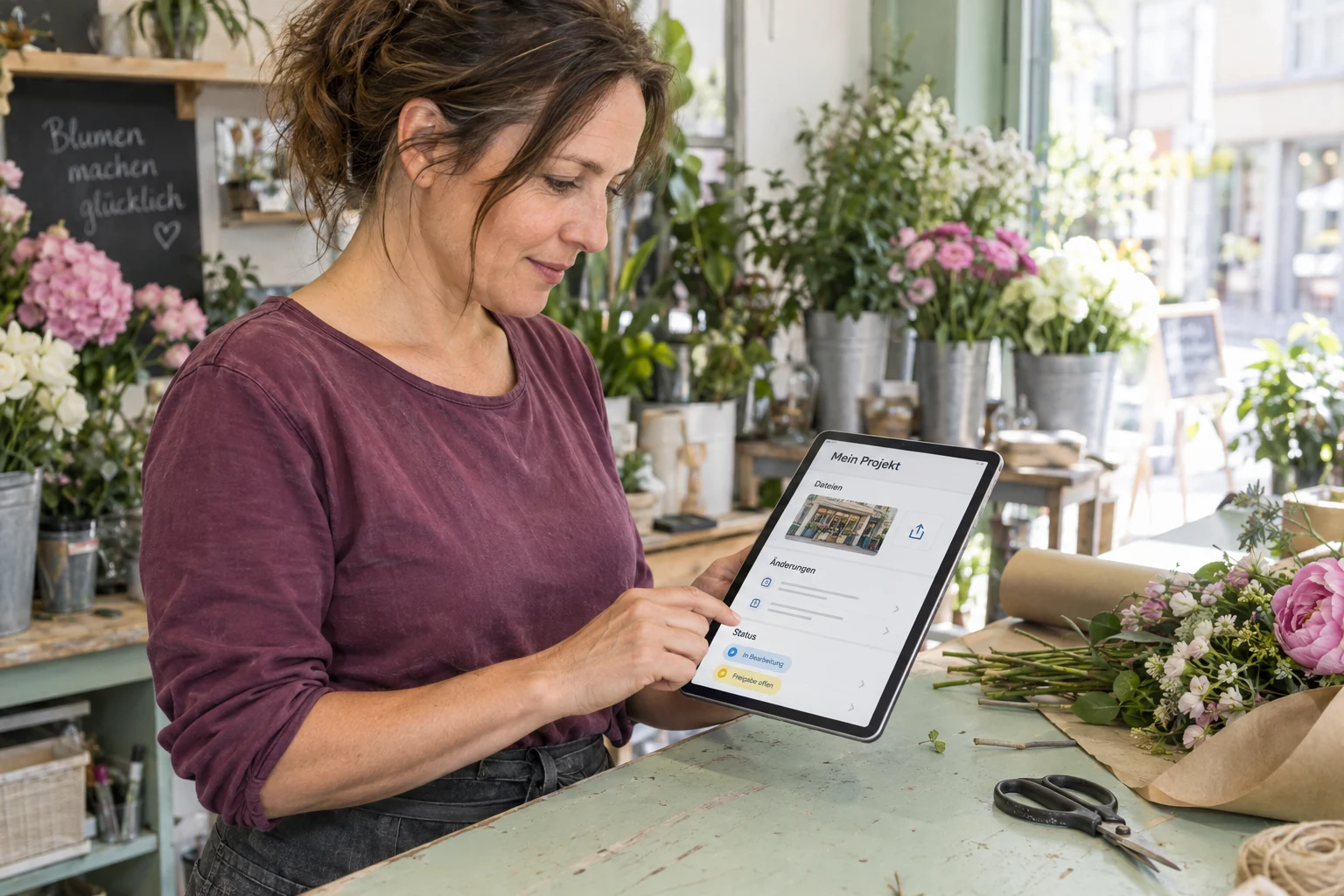 Eine Floristin prüft Dateien und Projektstatus auf einem Tablet an ihrer Ladentheke.