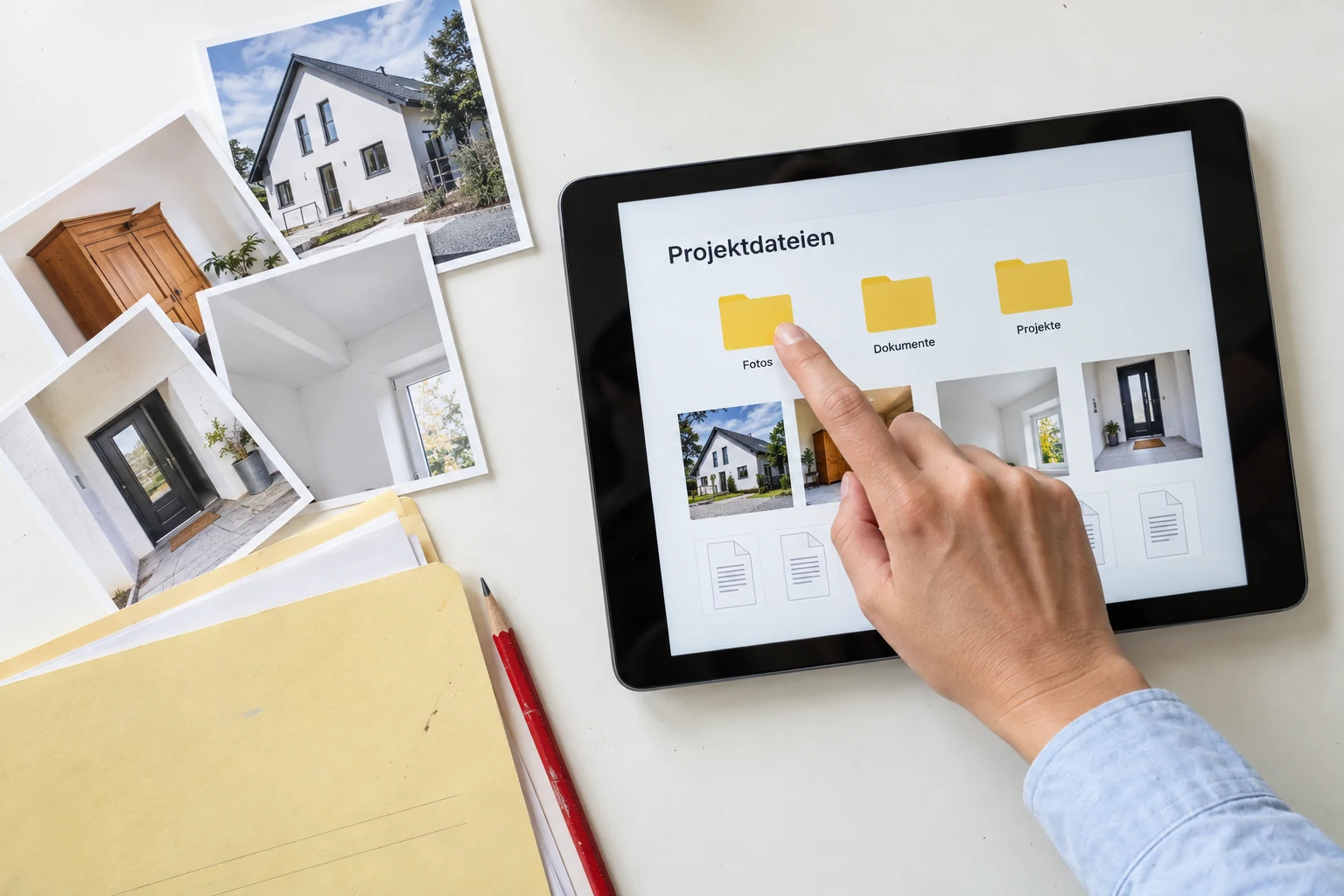 Eine Person öffnet geordnete Projektdateien auf einem Tablet neben Papierfotos.