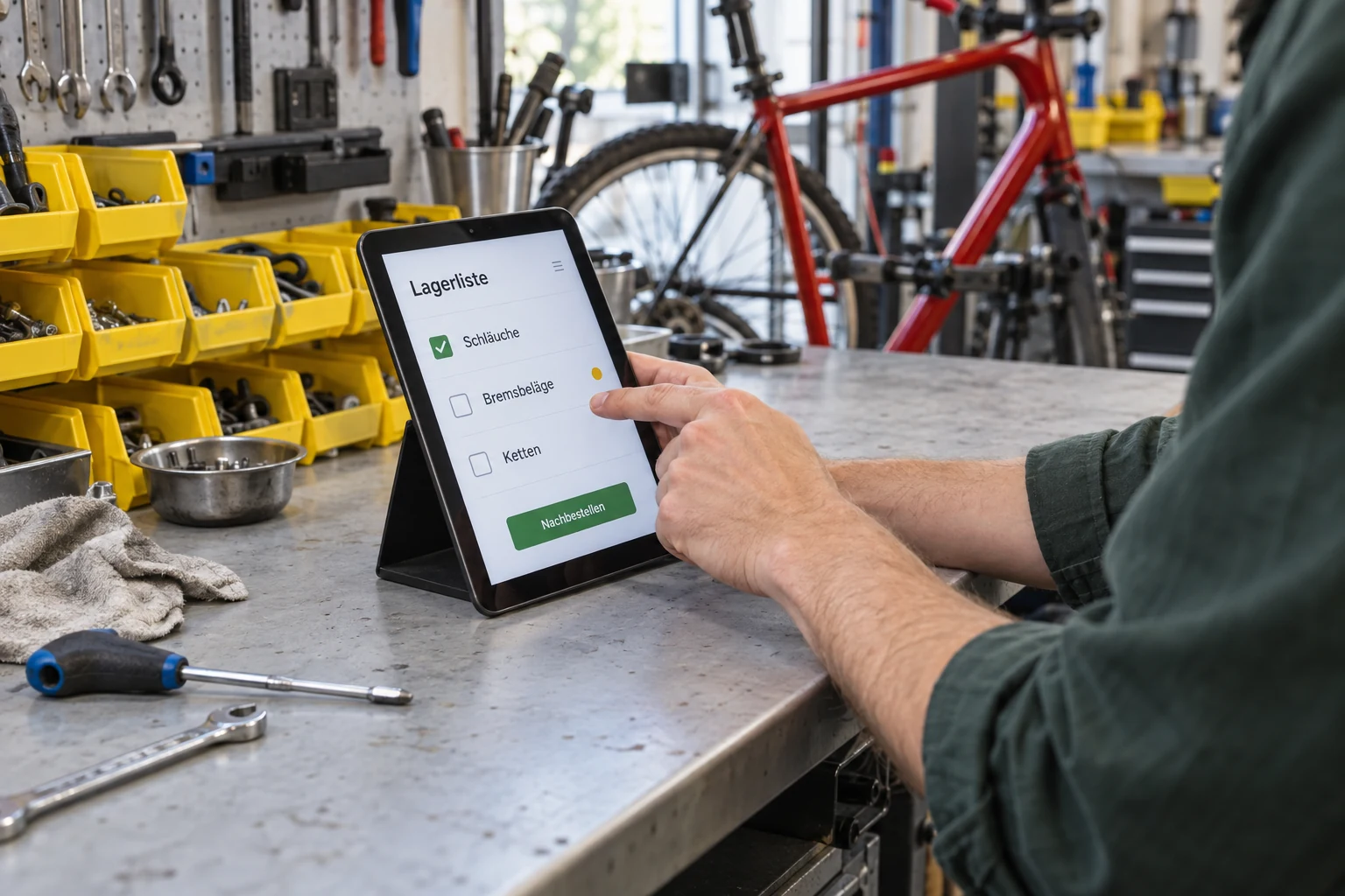 Eine Person prüft eine digitale Lagerliste auf einem Tablet in einer Fahrradwerkstatt.