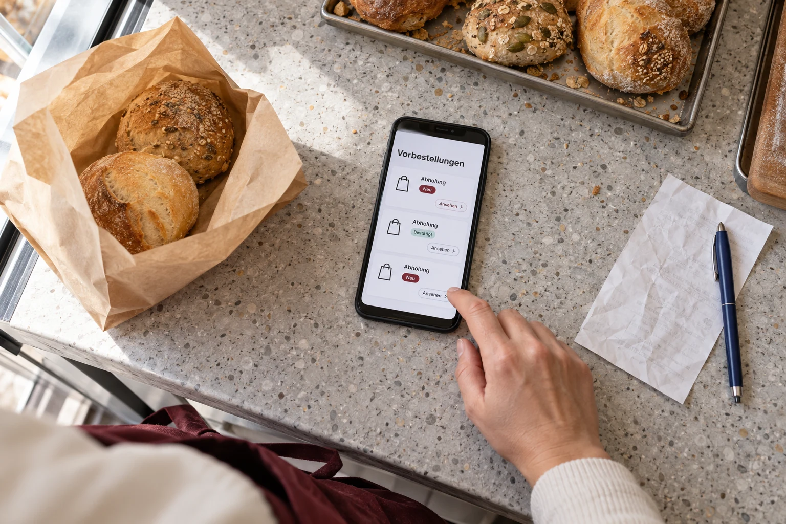 Eine Person prüft Vorbestellungen am Smartphone an einer Bäckereitheke.