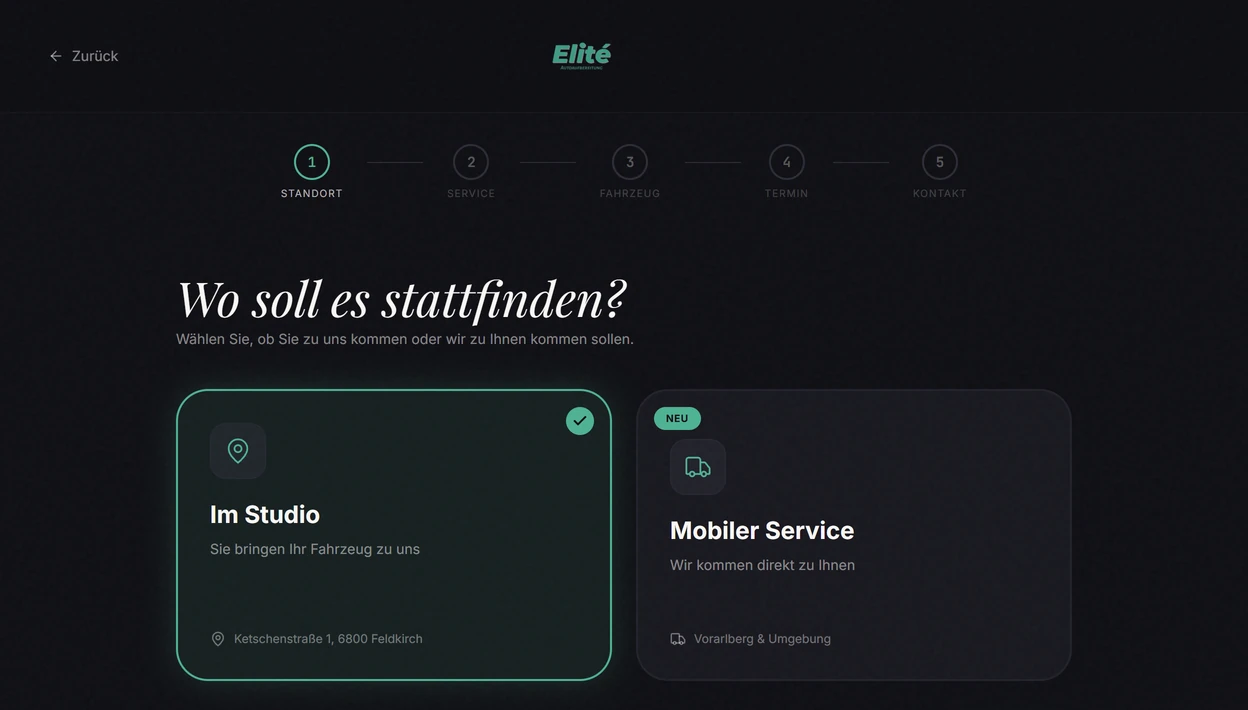 Elité Aufbereitung — Buchung, Schritt 1