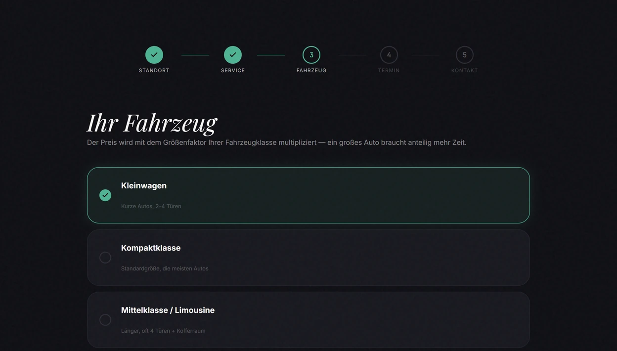 Website von Elité Aufbereitung: Buchung, Schritt 3 – Fahrzeug