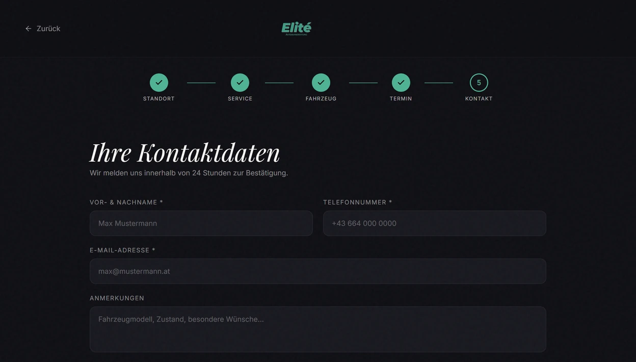 Website von Elité Aufbereitung: Buchung, Schritt 5 – Kontakt