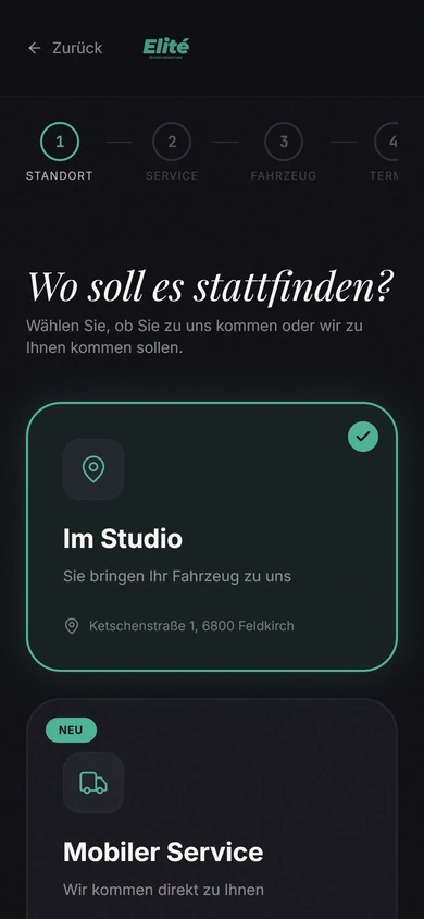 Website von Elité Aufbereitung: Buchung, Schritt 1, am Handy